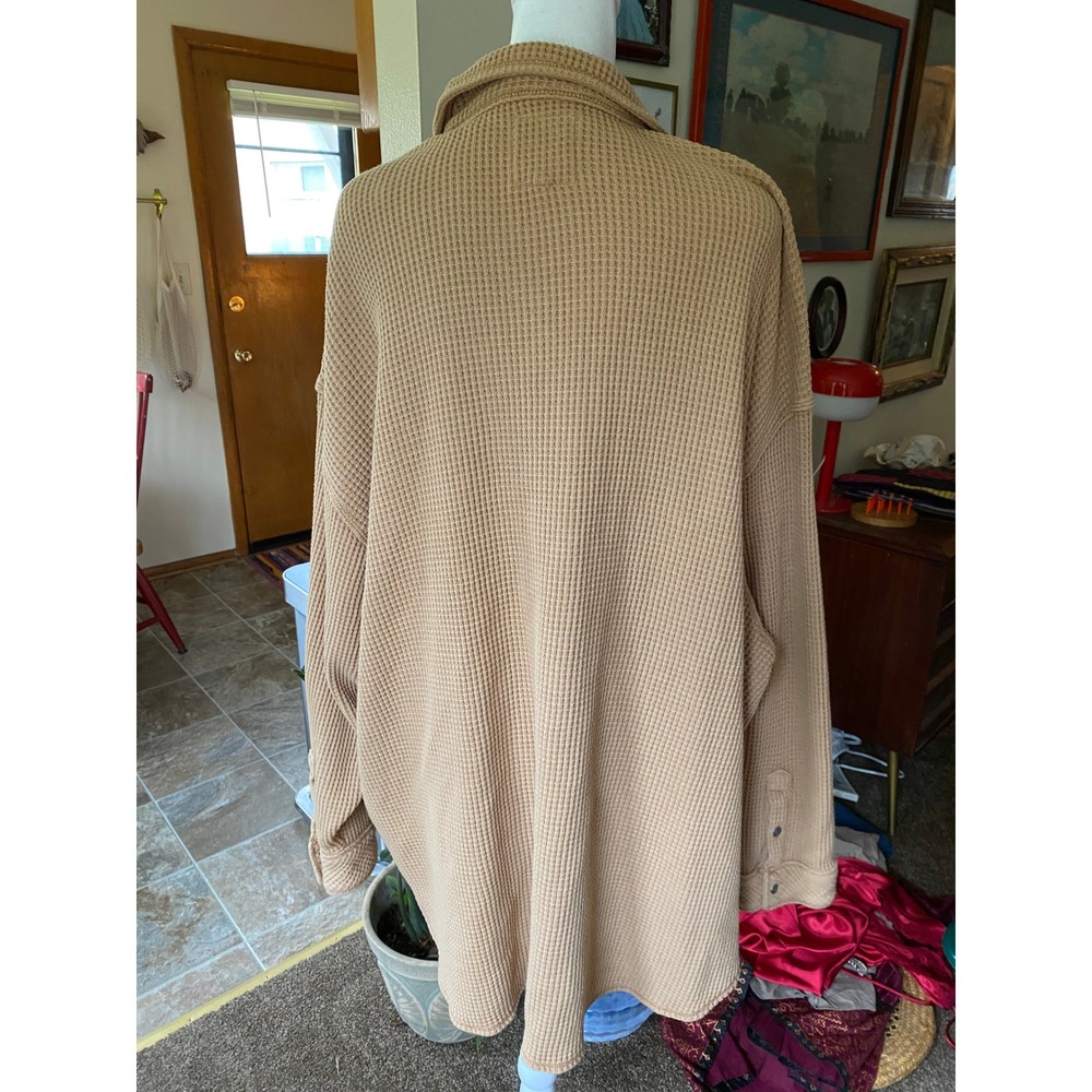 Aerie LumberJane Waffle Knit Button Down Shirt Shacket XL Tan Oversized Gorpcore - Picture 4 of 6